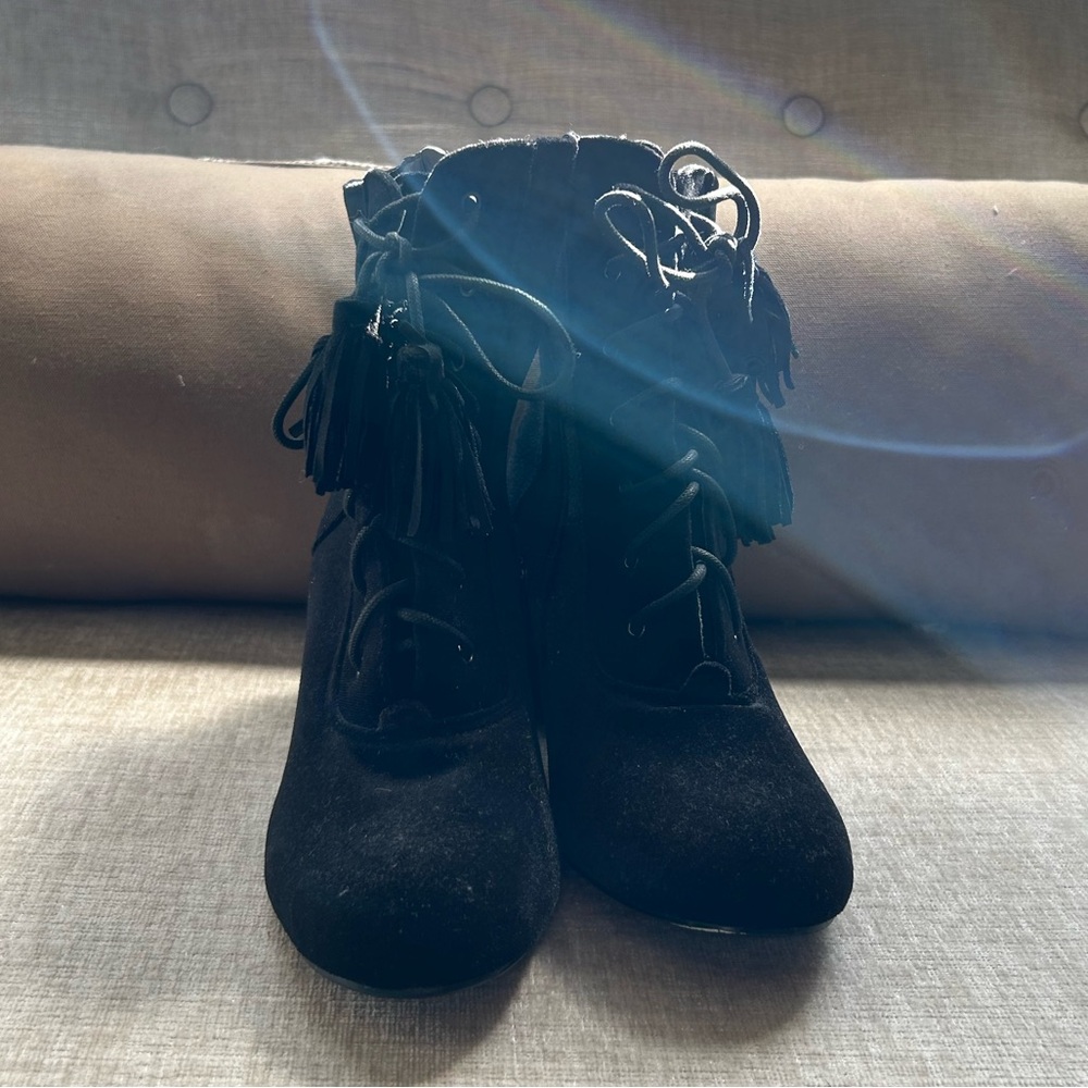 Black faux suede ankle boots. Zipper closure. Size 10. Gently worn